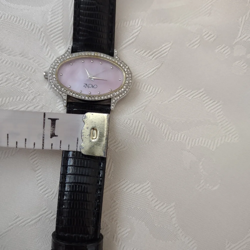 Cache Oval Crystals Pink Mother Of Pearl Watch Lizard Black Leather Strap